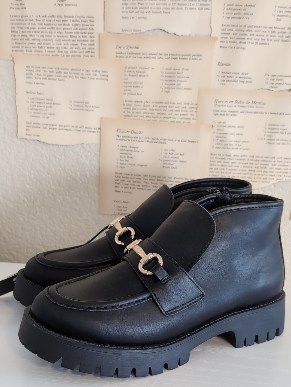 NWT Madden NYC Women's Heeled Fancy Gold Accent Black Loafer Boots